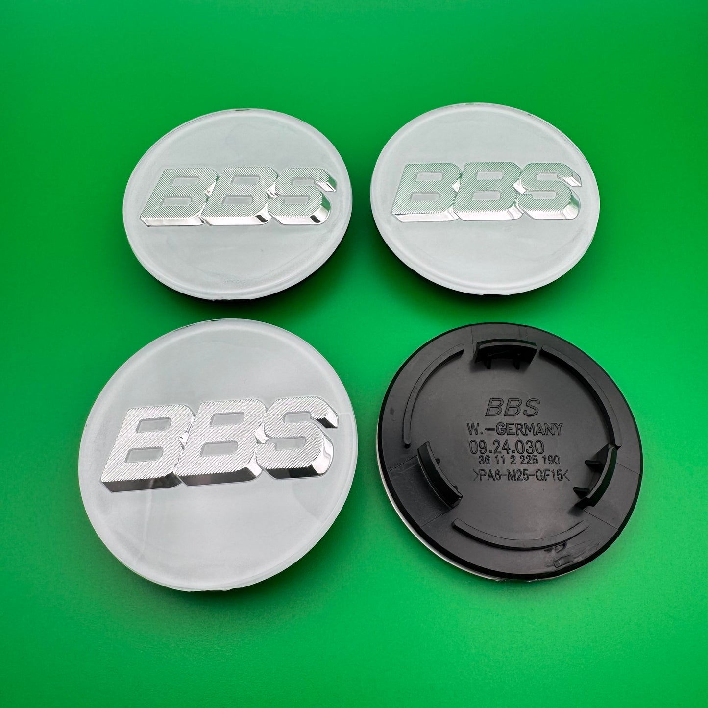 BBS RS LM rz center caps logos 3d 70mm white silver 09.24.030 set of 4
