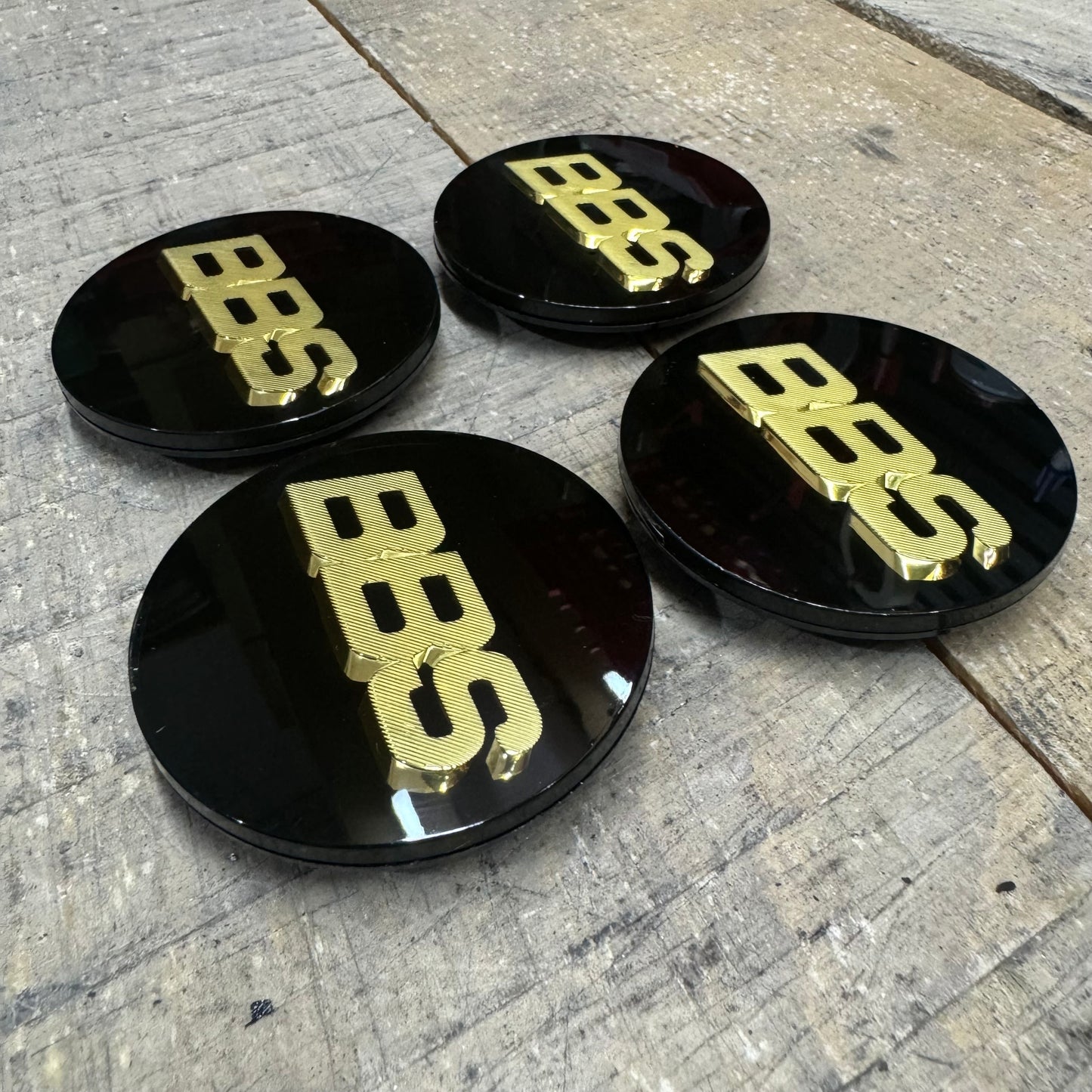 BBS RS LM rz center caps logos 3d 70mm black gold 09.24.030 set of 4