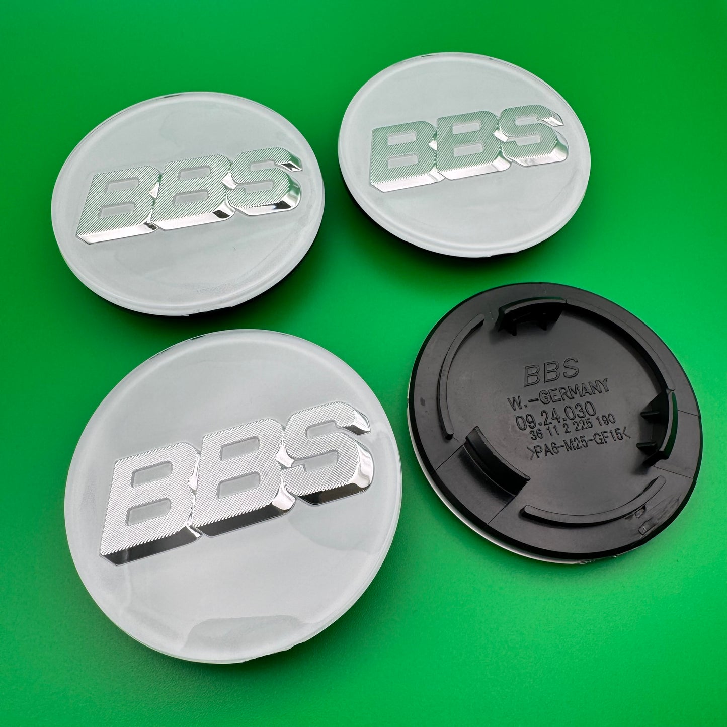 BBS RS LM rz center caps logos 3d 70mm white silver 09.24.030 set of 4