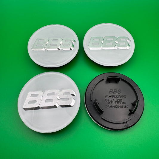BBS RS LM rz center caps logos 3d 70mm white silver 09.24.030 set of 4