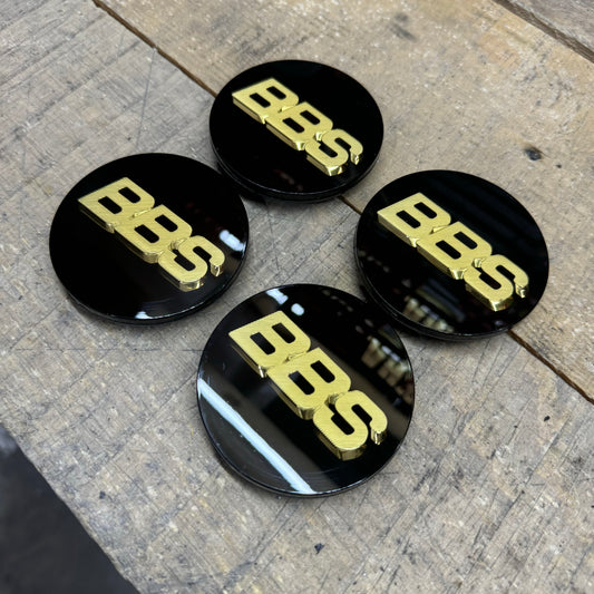 BBS RS LM rz center caps logos 3d 70mm black gold 09.24.030 set of 4