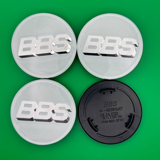 BBS RS LM rz center caps logos 3d 70mm white silver 09.24.030 set of 4